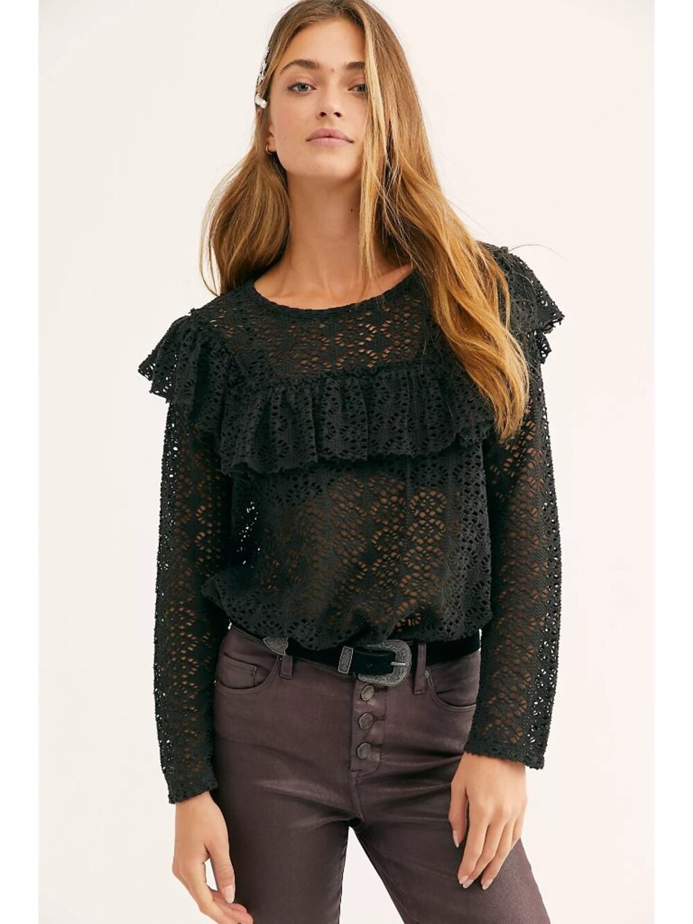 Free People Beach Size XS Feel The Love Crochet Top Black Feminine Ruffle